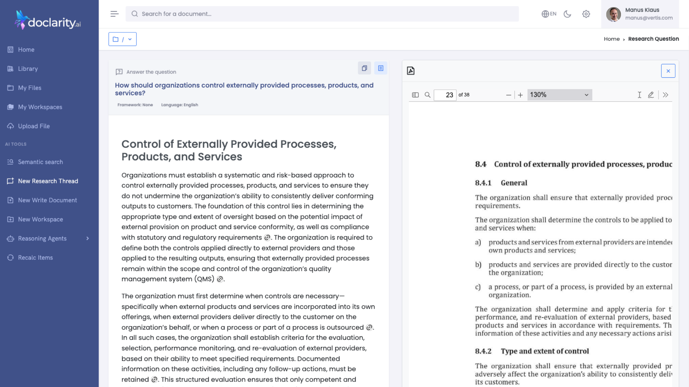 Ask a Research Question workflow in Doclarity